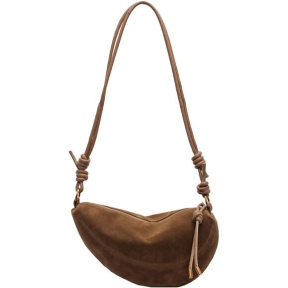 Handbags - Women Suede Purses Crescent Bag Camel Brown
